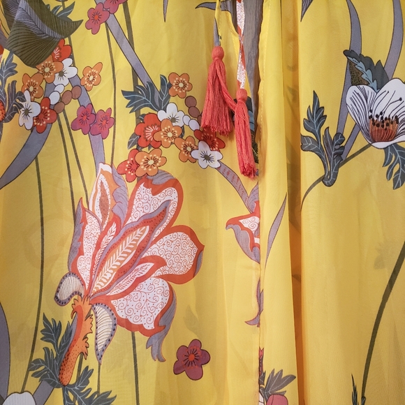 Beautiful yellow, shawl collar, ruffled, side slit kimono with back tassel tie. - Picture 6 of 7